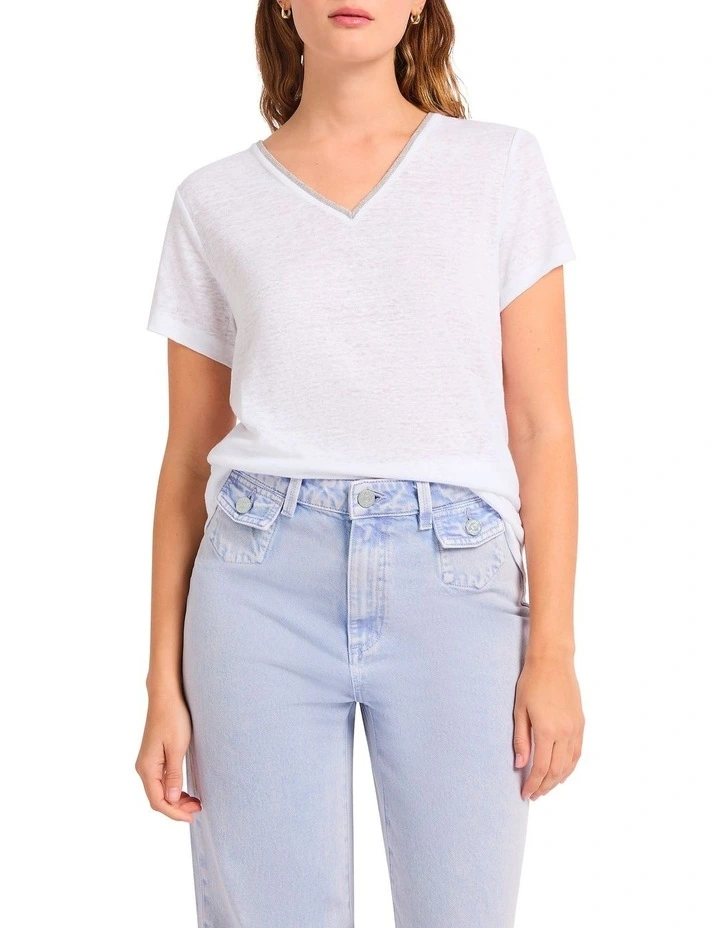 Sam V-Neck Linen Tee in White image 2