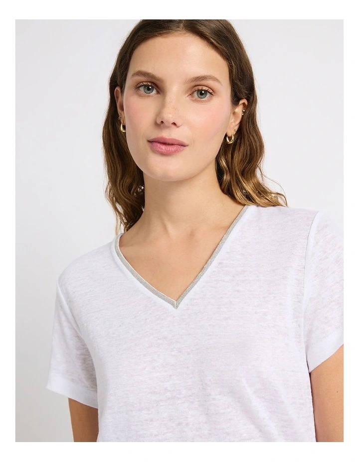 Sam V-Neck Linen Tee in White image 4