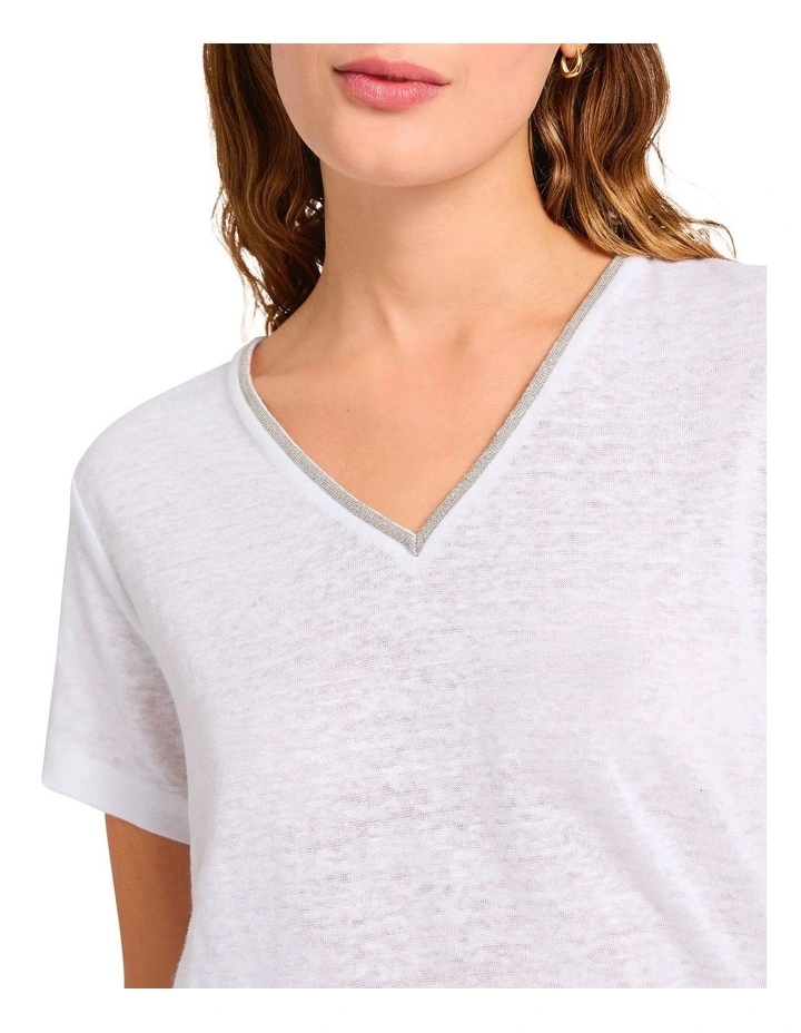 Sam V-Neck Linen Tee in White image 4