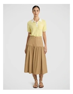 Ansel Linen Blend Midi Skirt in Tan