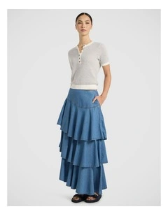 Velma Denim Tiered Midi Skirt in Lagoon Blue