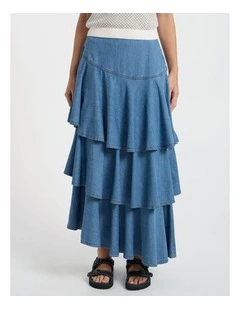 Velma Denim Tiered Midi Skirt in Lagoon Blue