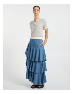 Velma Denim Tiered Midi Skirt in Lagoon Blue