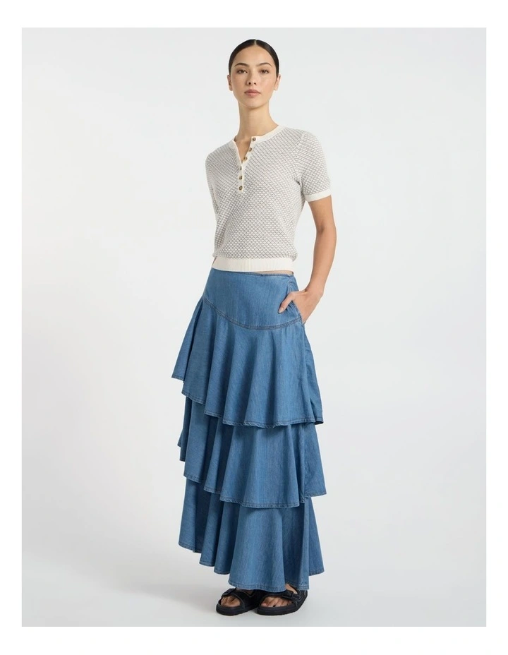 Velma Denim Tiered Midi Skirt in Lagoon Blue image 2