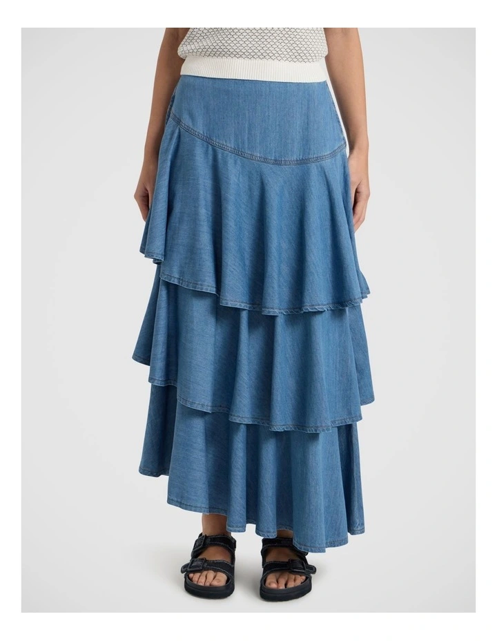Velma Denim Tiered Midi Skirt in Lagoon Blue image 2