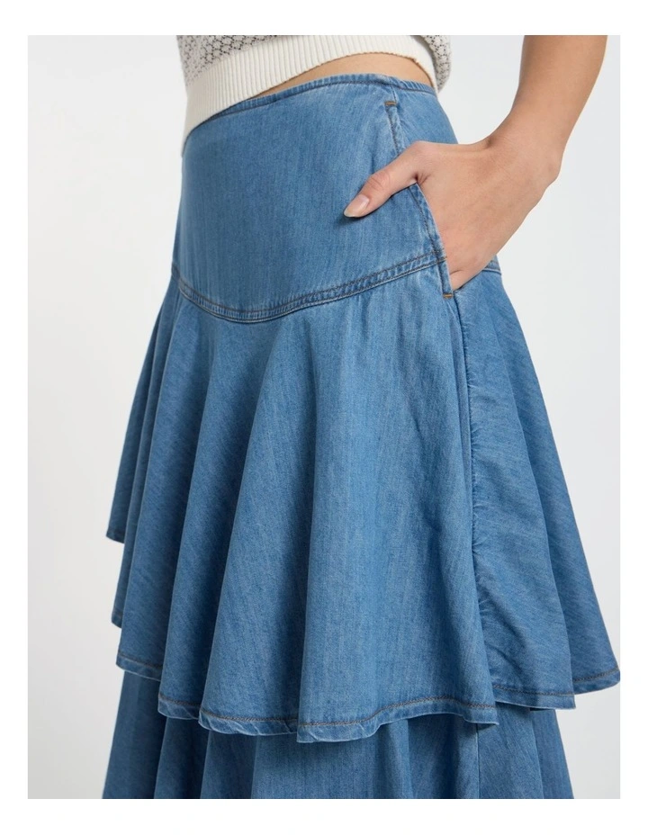 Velma Denim Tiered Midi Skirt in Lagoon Blue image 3