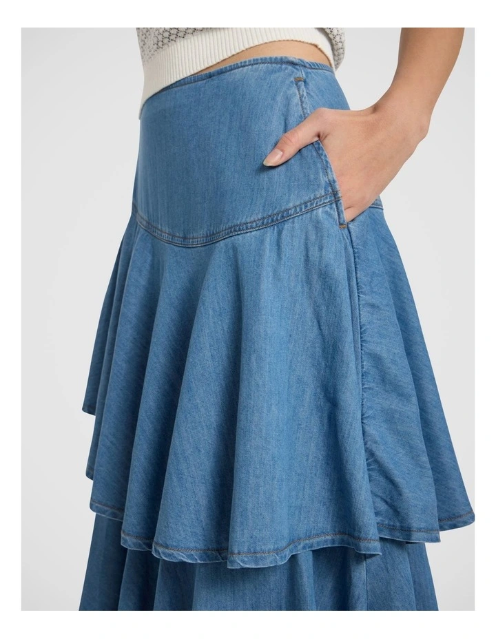 Velma Denim Tiered Midi Skirt in Lagoon Blue image 3