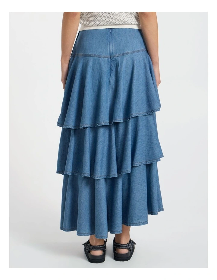 Velma Denim Tiered Midi Skirt in Lagoon Blue image 4