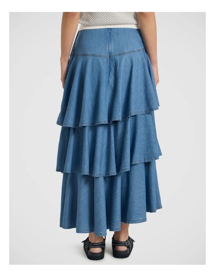 Velma Denim Tiered Midi Skirt in Lagoon Blue image 4