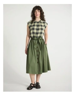 Kiss You Cotton Midi Skirt in Olive Green