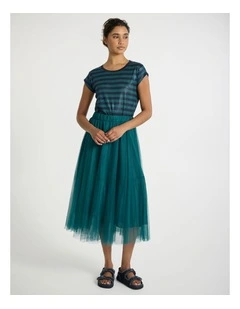 Tulle's Gold Midi Skirt in Peacock Green