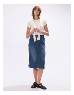 Molly Pinstripe Denim Skirt in Blue Stripe