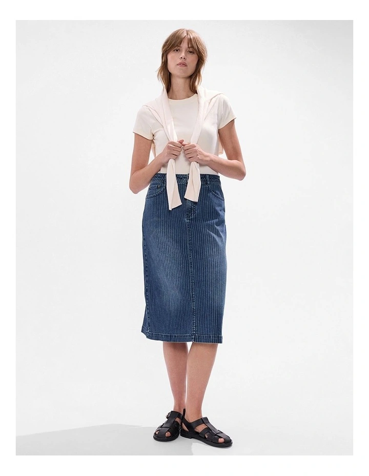 Molly Pinstripe Denim Skirt in Blue Stripe image 2