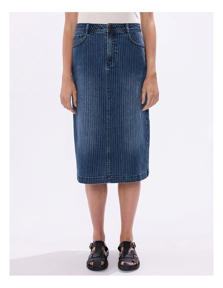 Molly Pinstripe Denim Skirt in Blue Stripe image 4