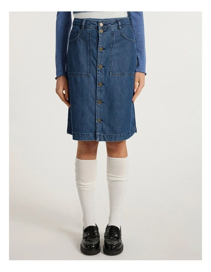 Paolo Button Front Denim Skirt in Mid Wash image 2