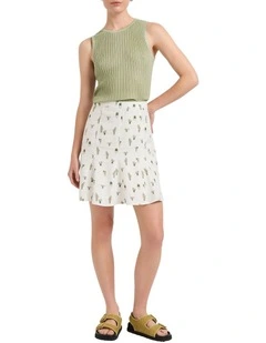 Plant Catch Me Linen Skirt in White Multi