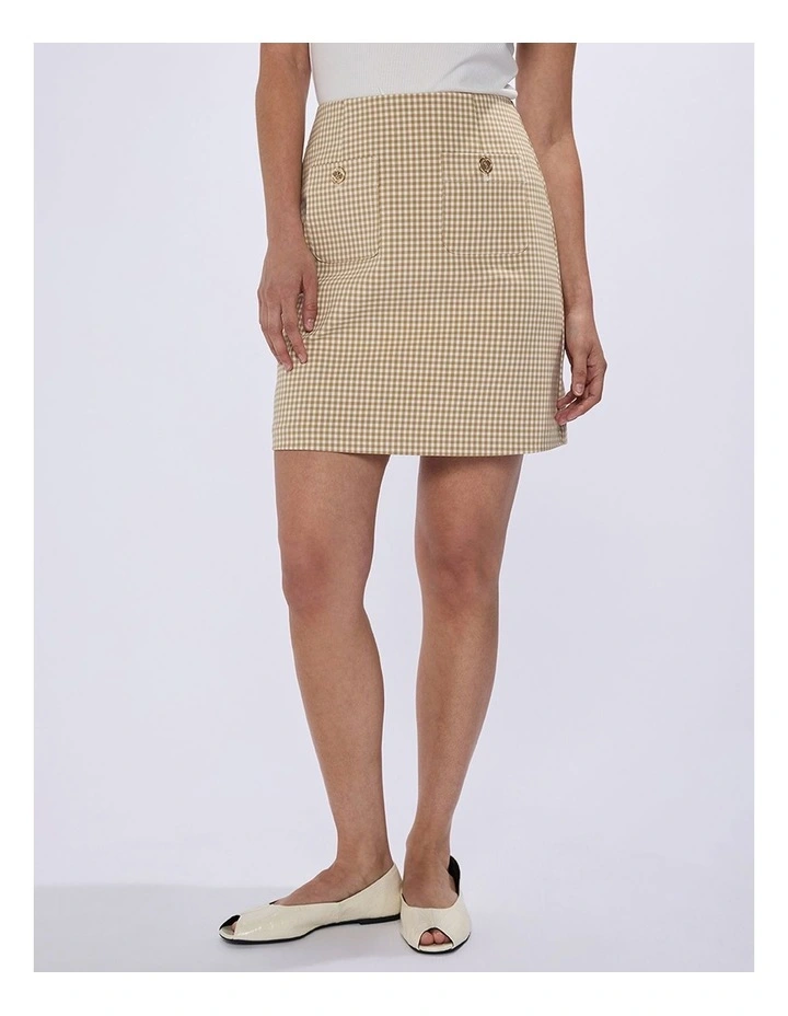One in A Gingham Mini Skirt in Beige Multi image 2
