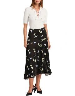 Bird Lines Midi Skirt in Black Multi