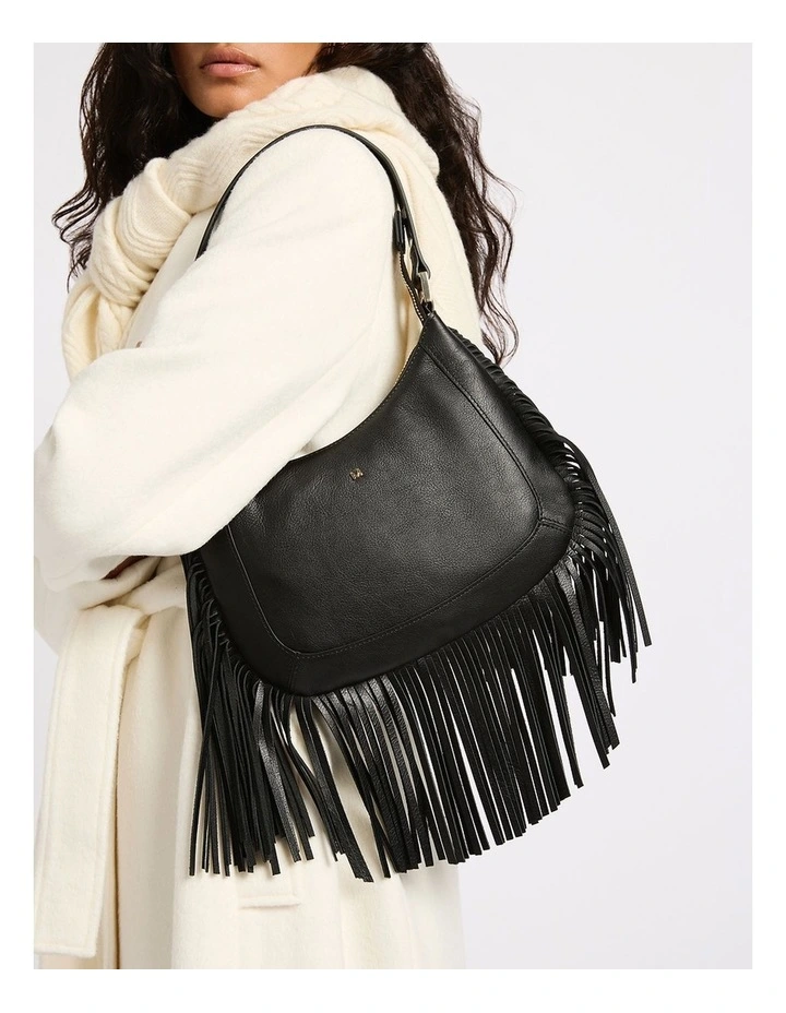 Fran Fringe Leather Bag in Black image 1
