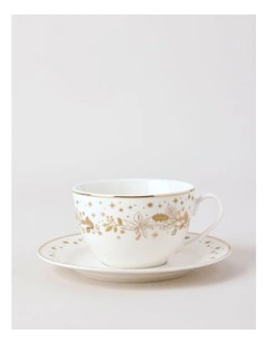 Celestial Luxe Shimmer Cup & Saucer Set in White/Gold