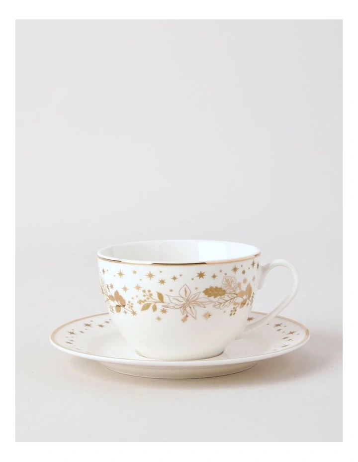 Celestial Luxe Shimmer Cup & Saucer Set in White/Gold image 1