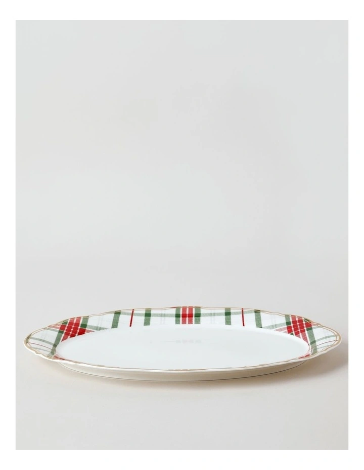 Christmas Tartan Scalloped Oval Platter in Multi image 1