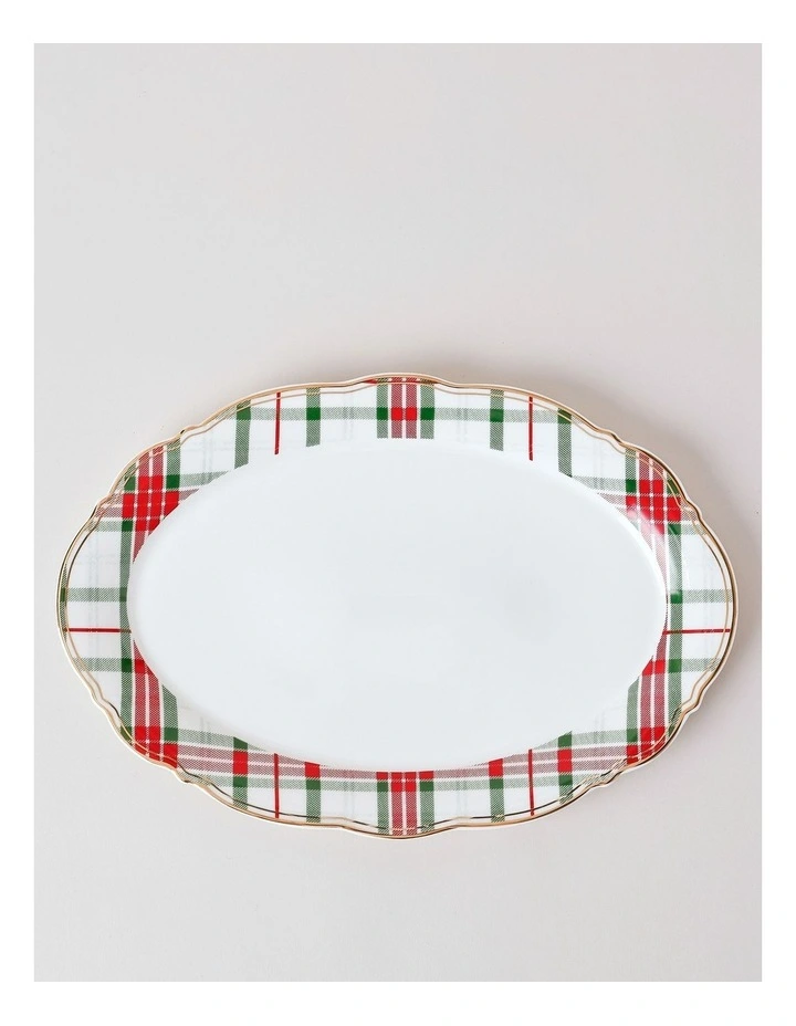 Christmas Tartan Scalloped Oval Platter in Multi image 3
