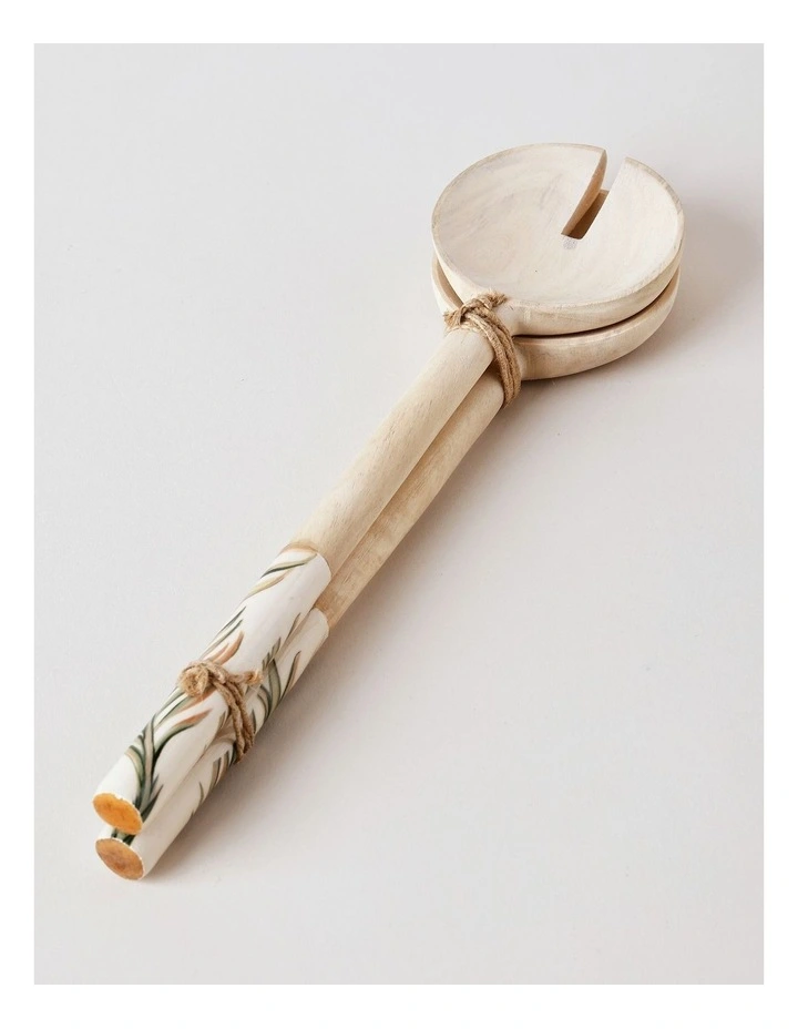 Fuse Wood & Enamel Salad Servers in Natural/White image 3