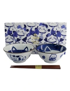 Kawaii Neko Bowl With Chopsticks 2 Piece in Multi