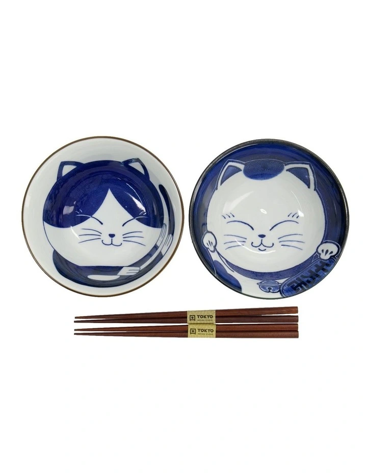 Kawaii Neko Bowl With Chopsticks 2 Piece in Multi image 2