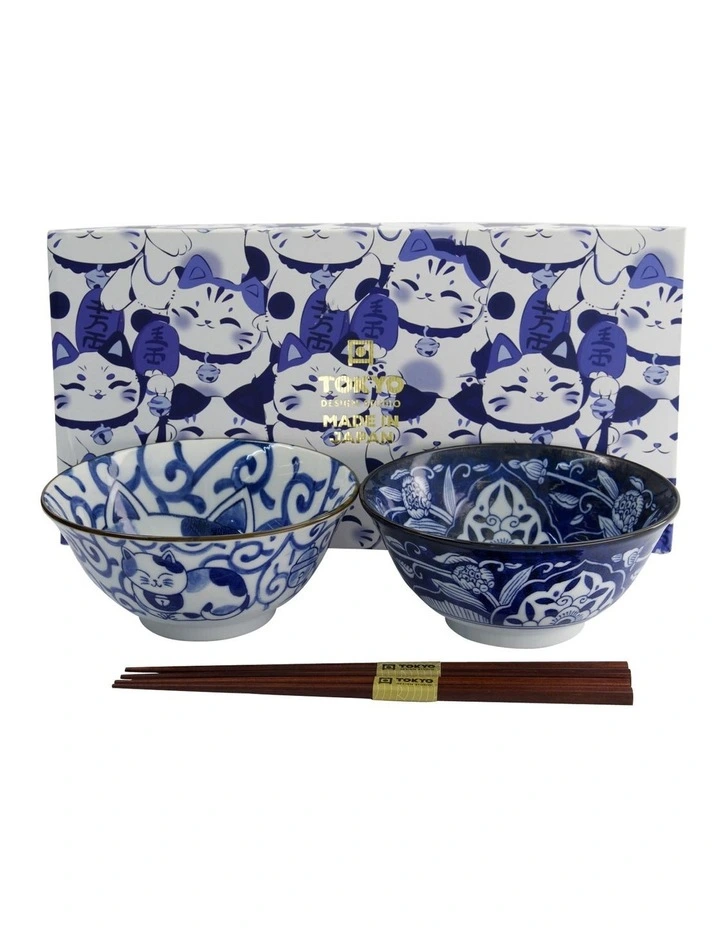 Kawaii Neko Bowl With Chopsticks 2 Piece in Multi image 1
