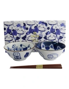 Kawaii Neko Bowl With Chopsticks 2 Piece in Multi