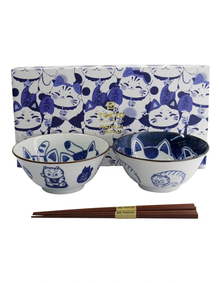 Kawaii Neko Bowl With Chopsticks 2 Piece in Multi image 1