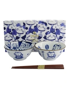 Kawaii Neko Bowl With Chopsticks 2 Piece in Multi