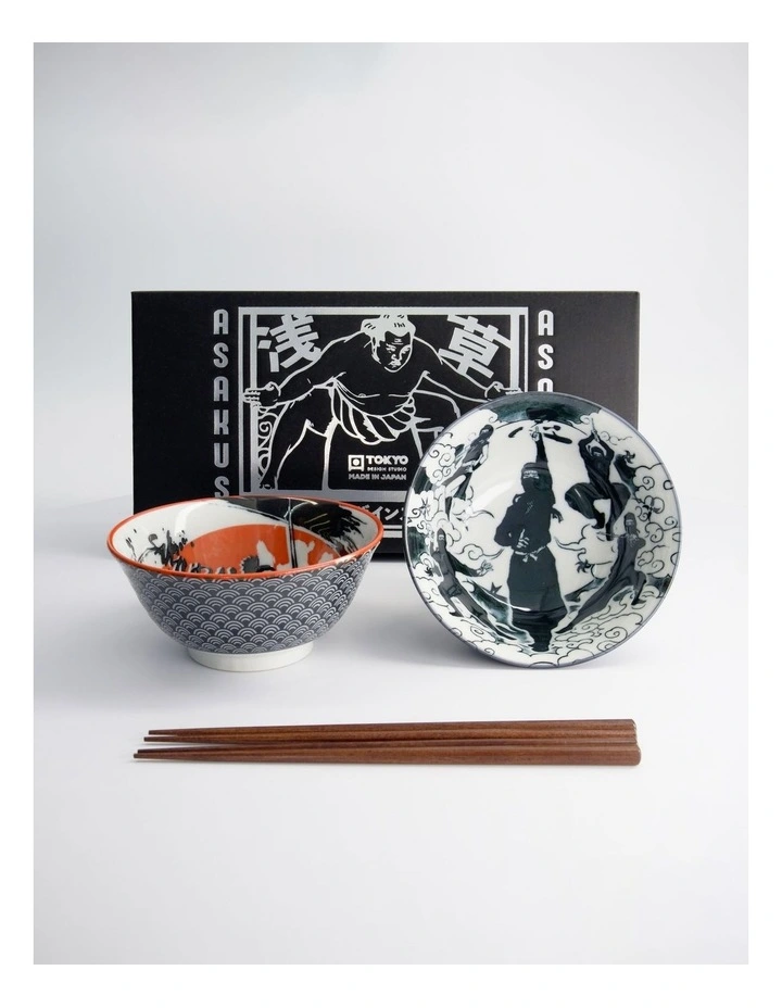 Asakusa Tayo Bowl 2pc With Chopsticks Samurai Gift Boxed image 1