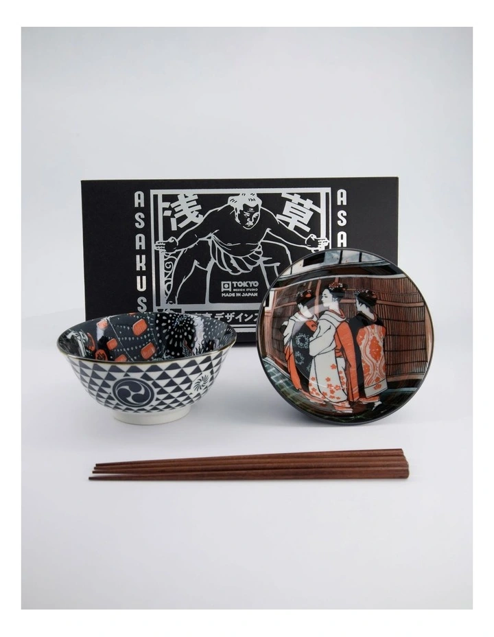 Asakusa Tayo Bowl 2pc With Chopsticks Geisha Gift Boxed image 1