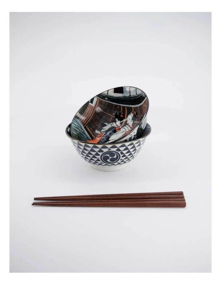 Asakusa Tayo Bowl 2pc With Chopsticks Geisha Gift Boxed image 4