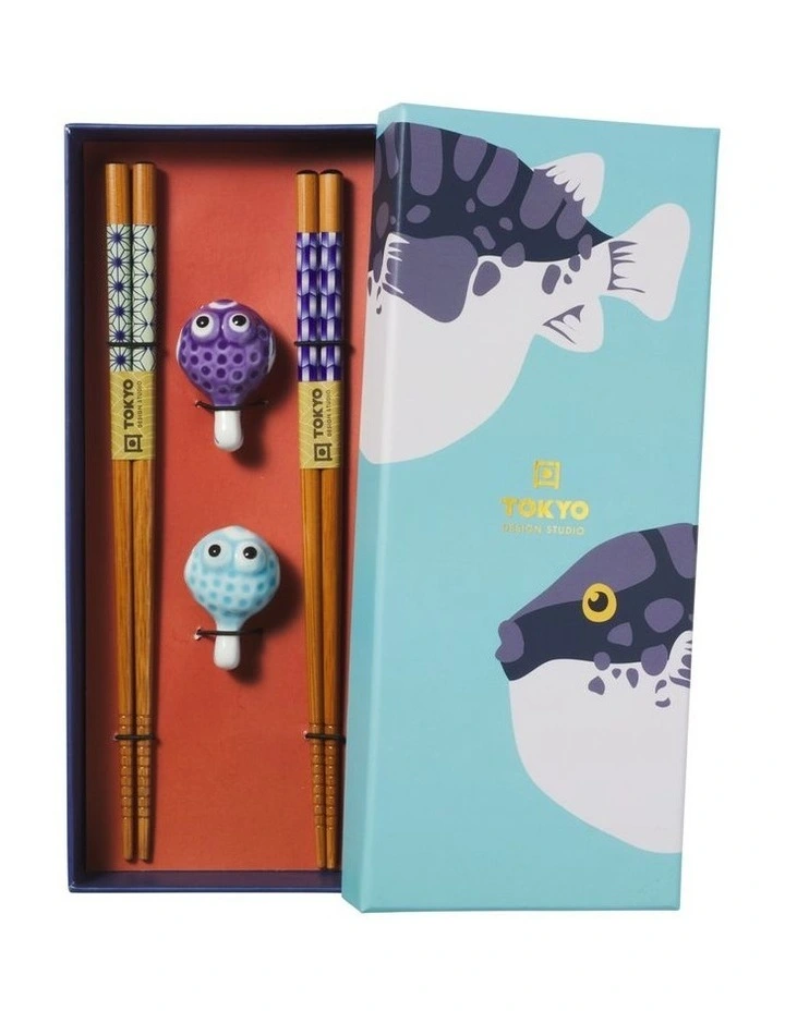 Chopstick Blow Fish Chopsticks with Rest 4pc Gift Boxed Assorted image 1