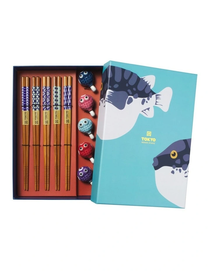 Chopstick Blow Fish Chopsticks with Rest 10pc Gift Boxed Assorted image 1