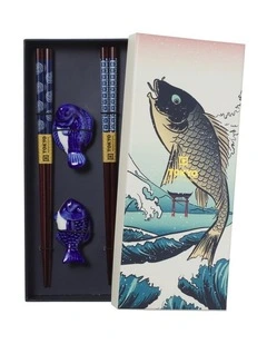 Chopstick Blue Fish Chopsticks with Rest 4pc Gift Boxed Assorted