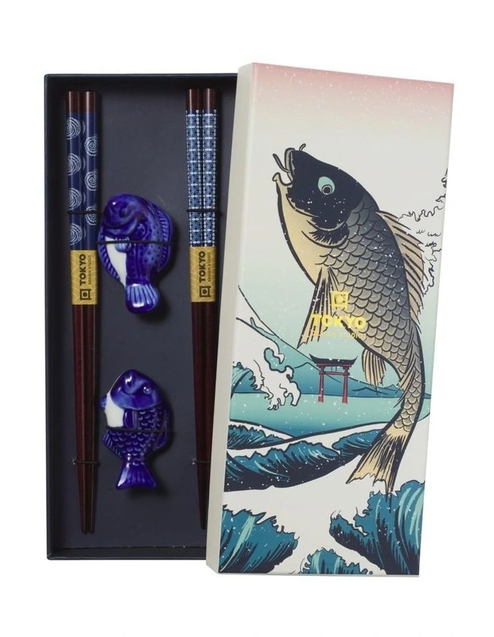 Chopstick Blue Fish Chopsticks with Rest 4pc Gift Boxed Assorted image 1