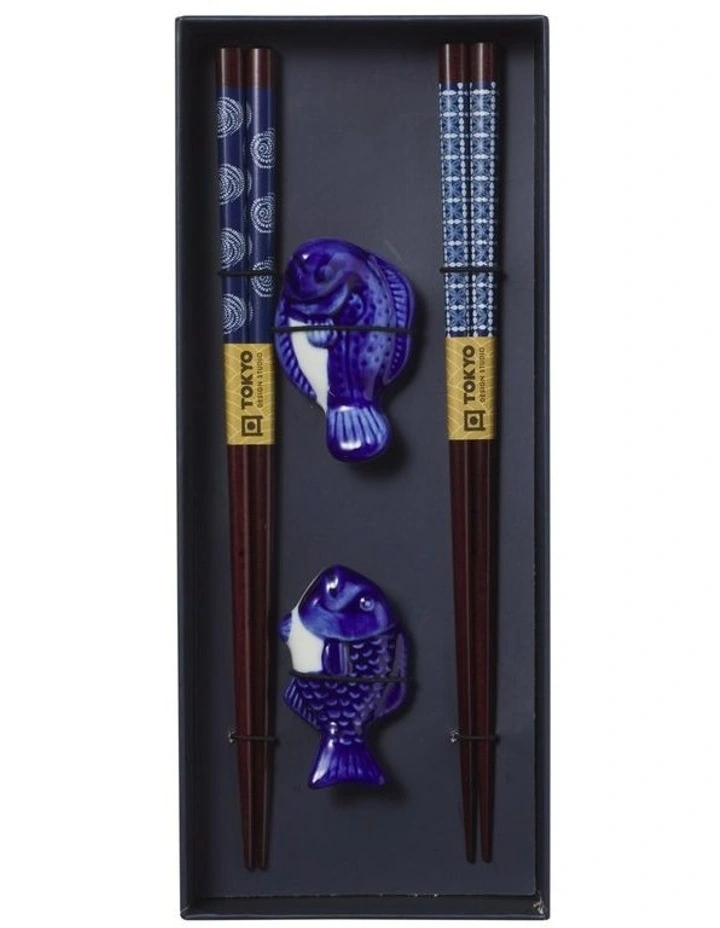Chopstick Blue Fish Chopsticks with Rest 4pc Gift Boxed Assorted image 3