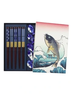 Chopstick Blue Fish Chopsticks with Rest 10pc Gift Boxed Assorted