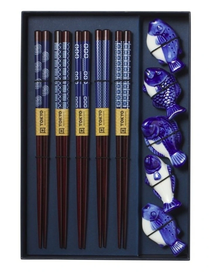 Chopstick Blue Fish Chopsticks with Rest 10pc Gift Boxed Assorted image 3