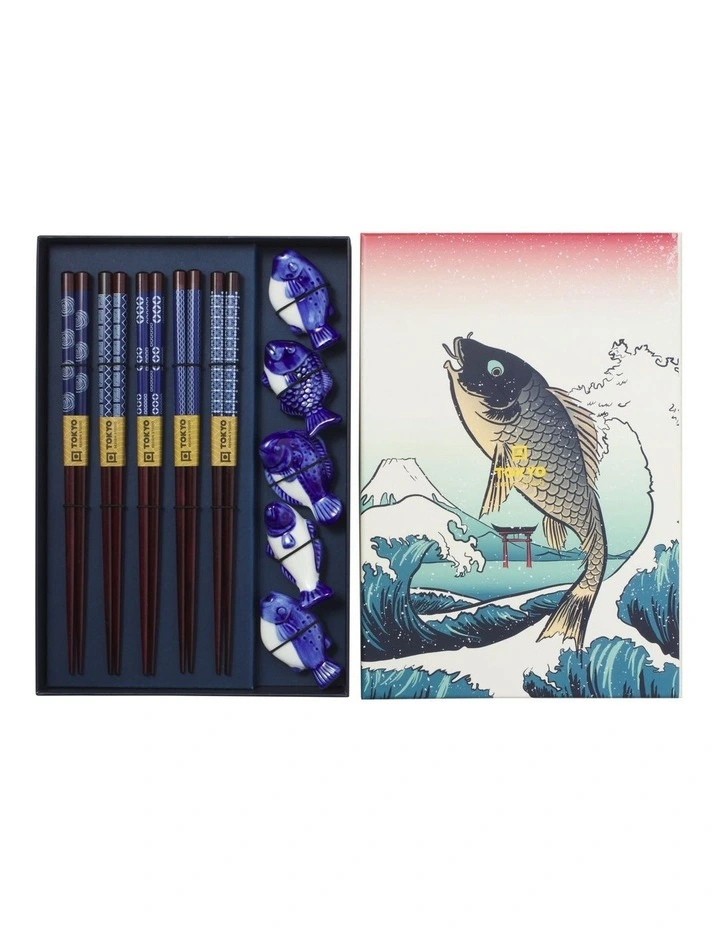 Chopstick Blue Fish Chopsticks with Rest 10pc Gift Boxed Assorted image 5