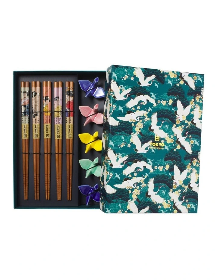 Chopstick Crane Chopsticks with Rest 10pc Gift Boxed Assorted image 1