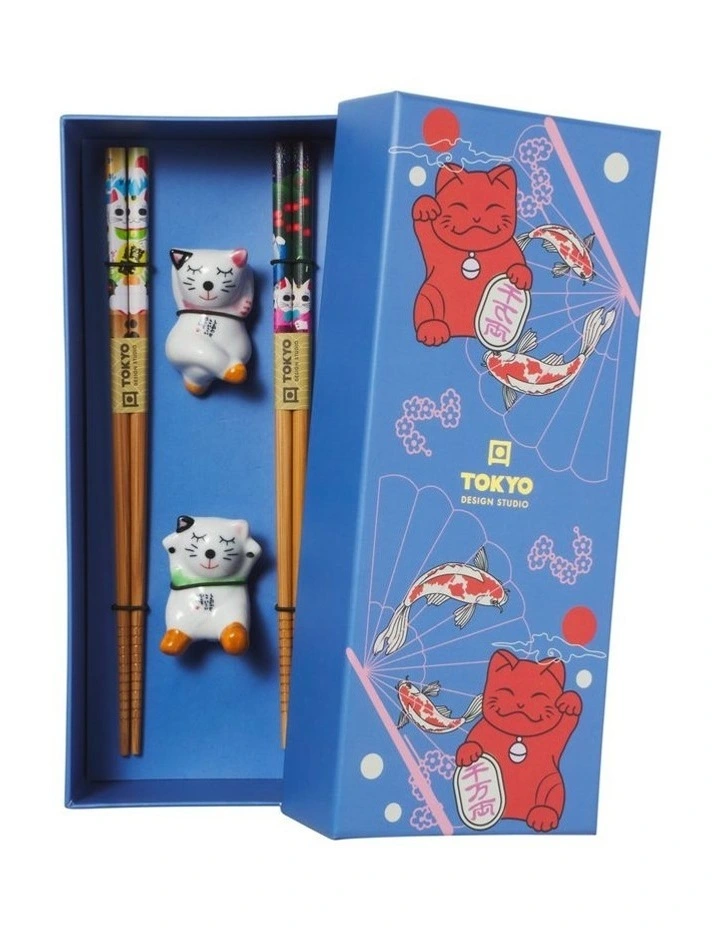 Chopstick Lucky Cat Chopsticks with Rest Hanami 4pc Gift Boxed Assorted image 1