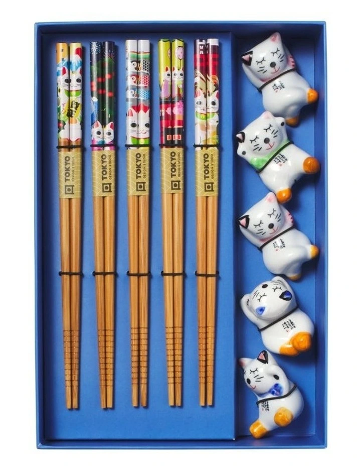 Chopstick Lucky Cat Chopsticks with Rest Hanami 10pc Gift Boxed Assorted image 3