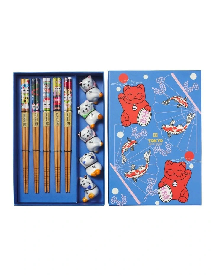 Chopstick Lucky Cat Chopsticks with Rest Hanami 10pc Gift Boxed Assorted image 5