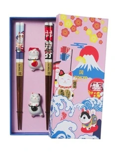 Chopstick Neko Cat Chopsticks with Rest 4pc Gift Boxed Assorted